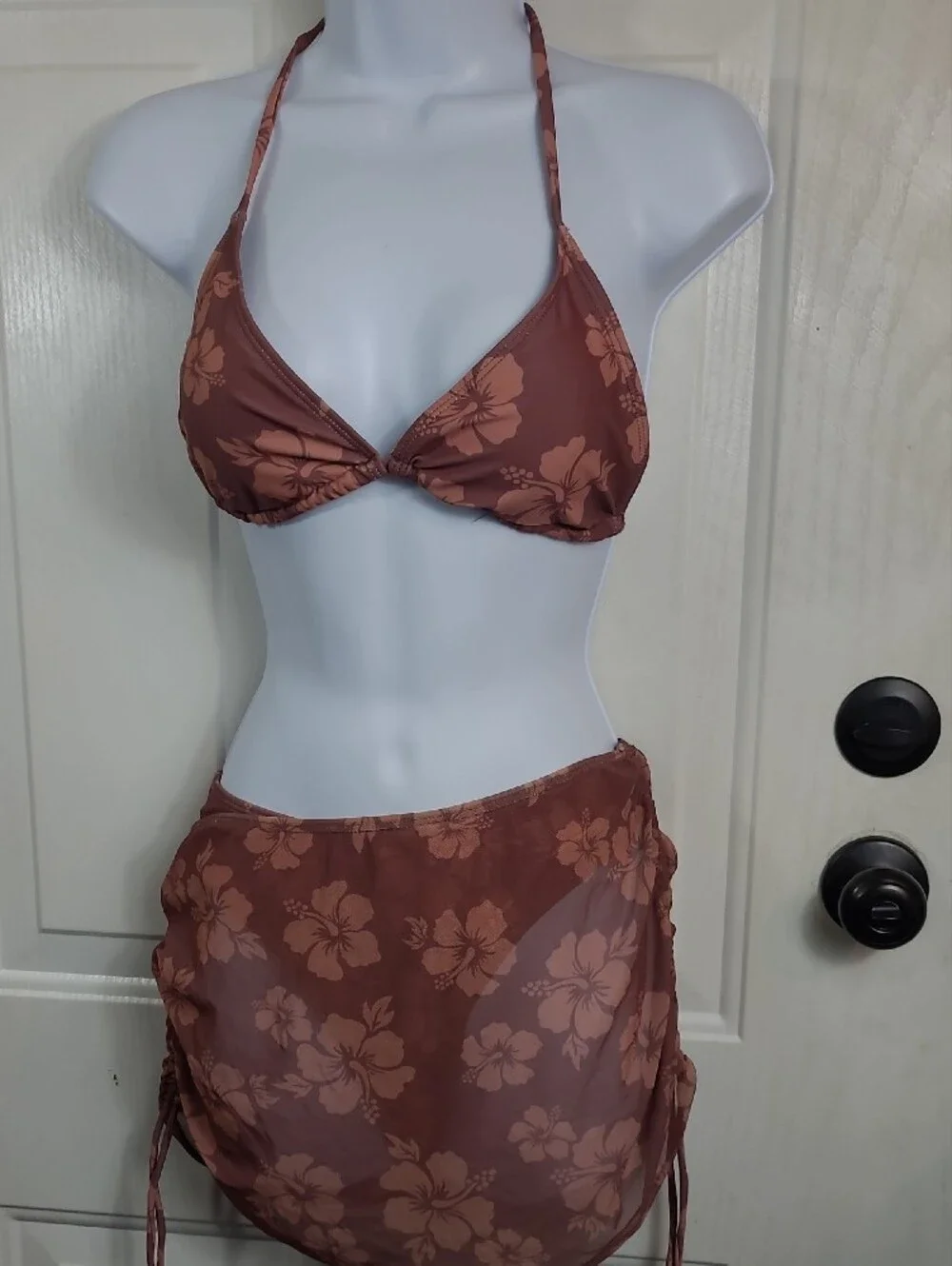 Floral Brown One-Piece Swimsuit - Halter Style - Picture 2 of 10
